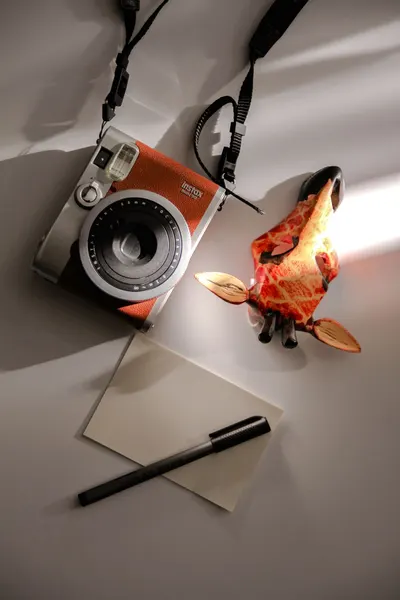 Flat lay of an instant camera, giraffe figurine, blank note, and pen.