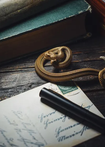 A vintage composition featuring a bronze snake, old letters, and a book on a wooden table.