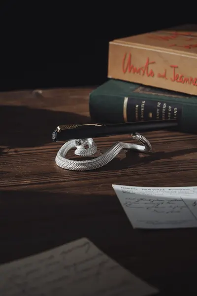 Sophisticated silver snake pen holder displayed on a rustic wooden table with books.