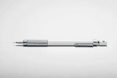 A modern silver and white mechanical pencil on a white background, perfect for office and writing purposes.