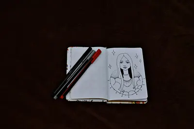 Open sketchbook with a detailed artwork and pens on a dark background, perfect for creative inspiration.