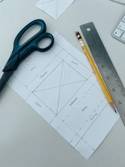 Top view of art supplies including scissors, pencil, and ruler on a white background.