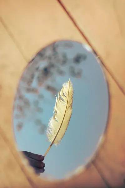 A delicate golden feather held next to a round mirror reflecting the sky and trees.
