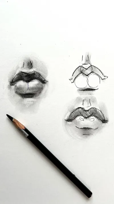 Detailed pencil sketches of various lip perspectives on white paper.
