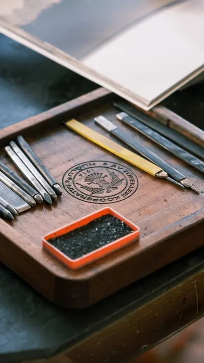 A collection of drawing tools neatly arranged on a wooden tray, perfect for creative projects.