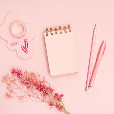 Flat lay of pink office supplies including a notebook, pen, and dried flowers on a desk.