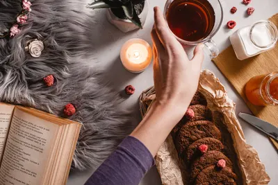 Serene indoor scene of tea, cookies, and a book, perfect for relaxation.