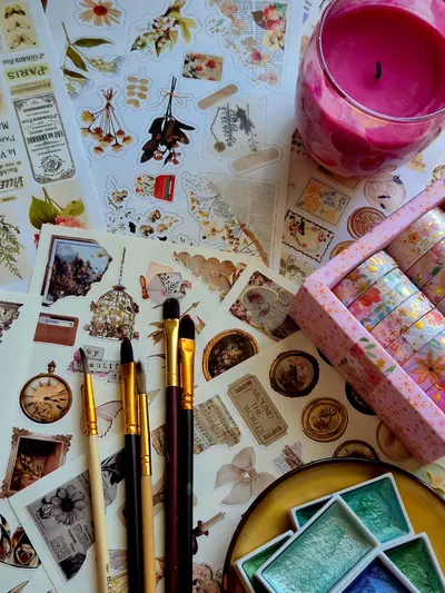 Flat lay of artistic stationery items with brushes and vibrant candle for creativity inspiration.