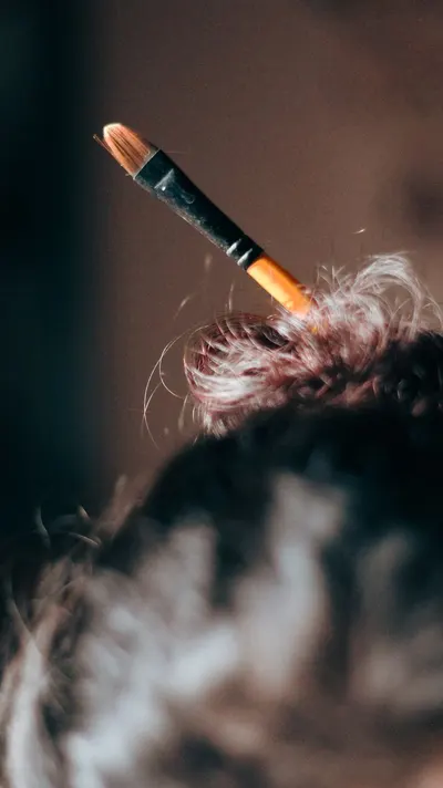 A close-up of a brush tucked into a hair bun, showcasing creativity and art style.