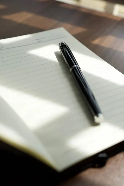 A sleek black fountain pen rests on an open notebook, bathed in natural sunlight.