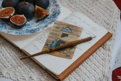 Artistic composition featuring ripe figs, a vintage notebook, and an ornate fountain pen.