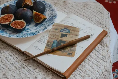 Elegant vintage still life featuring figs, a writing journal, and a vintage pen on a lace tablecloth.