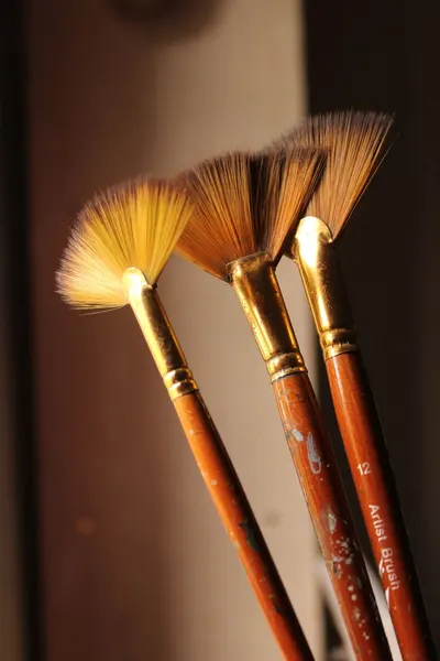 Three fan paintbrushes with golden bristles and wooden handles in warm light.