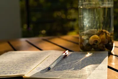 A notebook and pen on a sunlit table, perfect for reflection and writing in Kampala, Uganda.