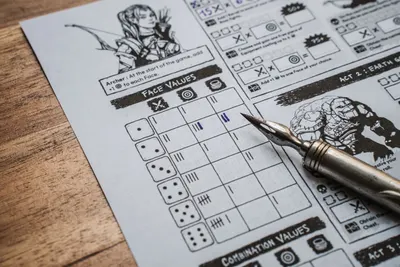 Detailed shot of a tabletop RPG score sheet and a metal pen on a wooden surface.