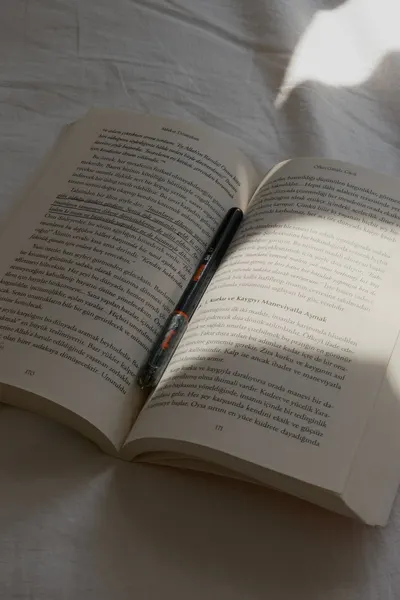 A book with a pen resting open, catching soft sunlight and shadows.