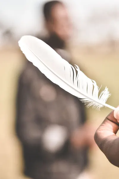 Crop unrecognizable person showing white bird feather near blurred ethnic man in countryside on sunny day