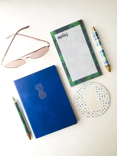 Artistic flat lay of vibrant school supplies, showcasing a pineapple-themed notebook and pens.
