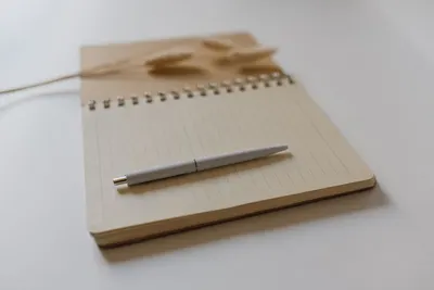 Open lined notebook with a pen and bunny tail grass on a plain surface.