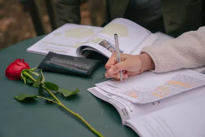 Crop unrecognizable students preparing for exams with textbooks while taking notes on papers with pen at table with romantic rose in park