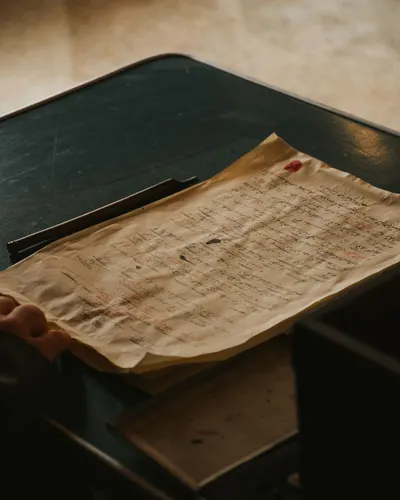Aged handwritten manuscript on a dark antique desk, partially visible hand.