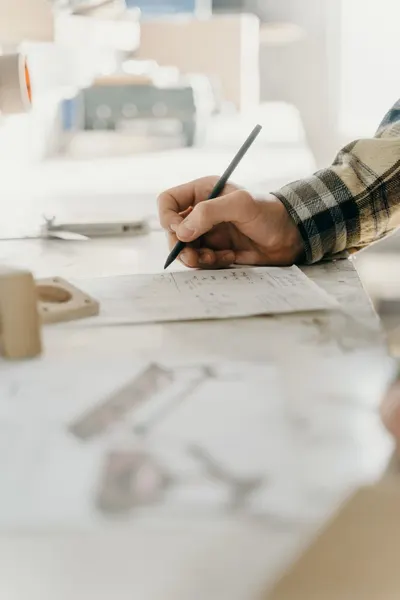 Close-up of a person writing on white paper with a pencil in a naturally lit setting.