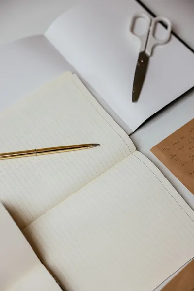 Flat lay of open notebooks with a pen and scissors on a desk, ideal for creativity and productivity themes.