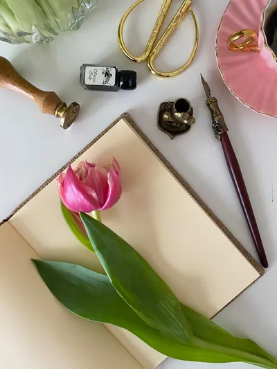 Flat lay with pink tulip, notebook, and vintage writing tools on a white background.