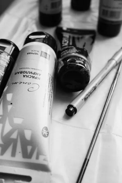 Black and white close-up of paint tubes, brushes, and a pen, showcasing artistic materials.